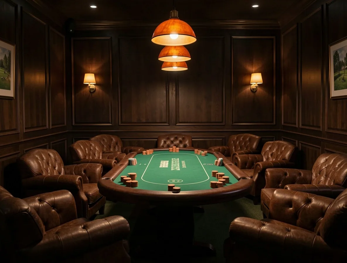 Poker Lounge z profesjonalnym stołem i skórzanymi fotelami