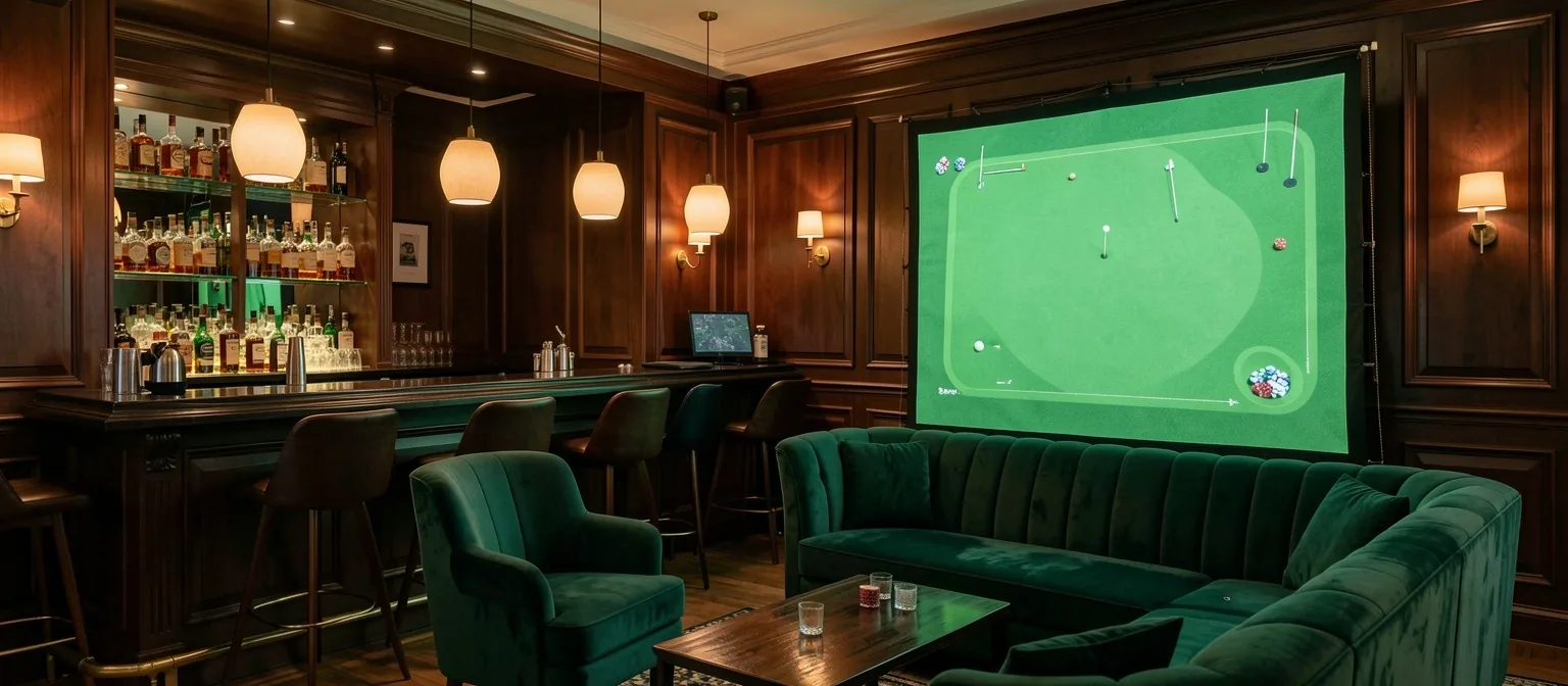Wnętrze studia Royal Ambers łączące fitting golfowy z poker lounge