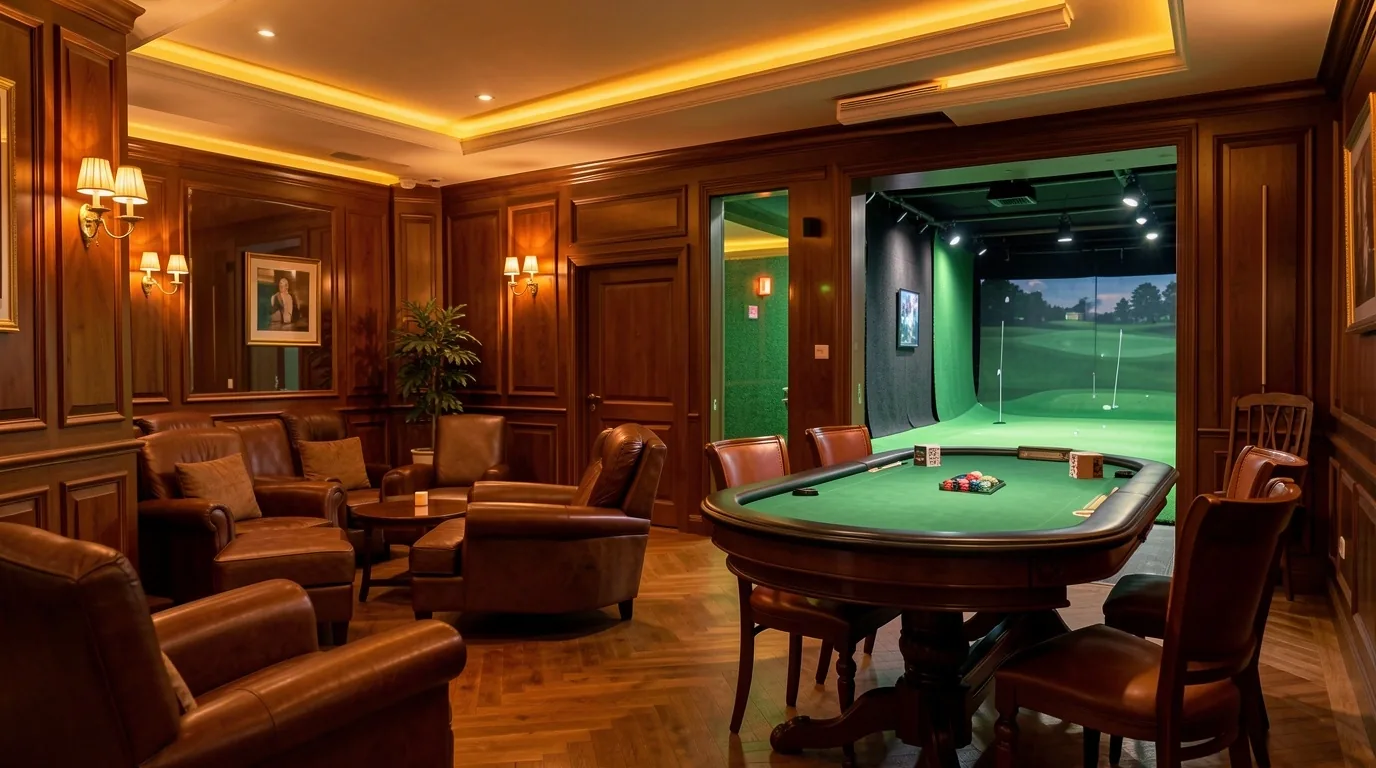 Wnętrze klubu Royal Ambers łączące studio golfowe z Poker Lounge